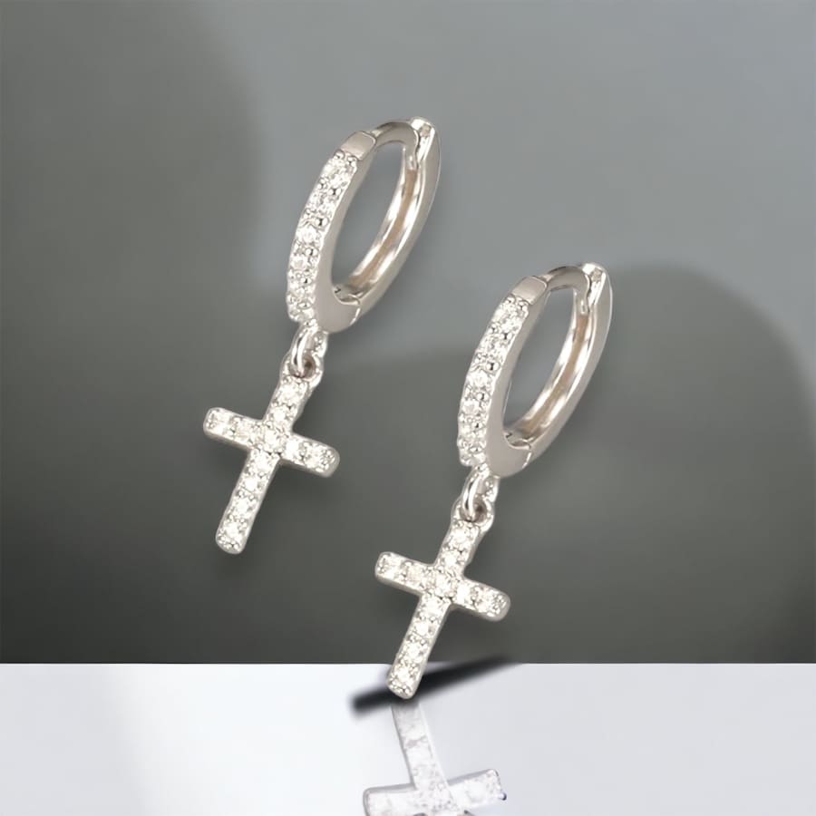 10mm dangle cross cz huggies sterling silver hoops earrings earrings