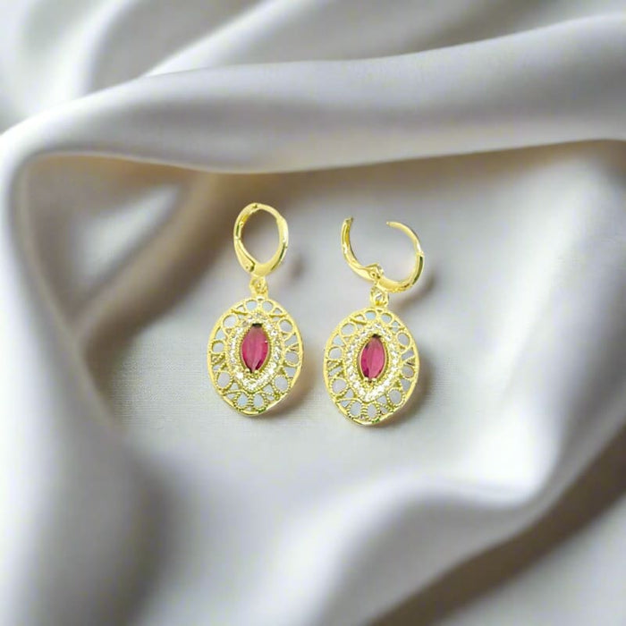 Brenda filigree almond shape red cz stone gold- filled dangle earrings earrings