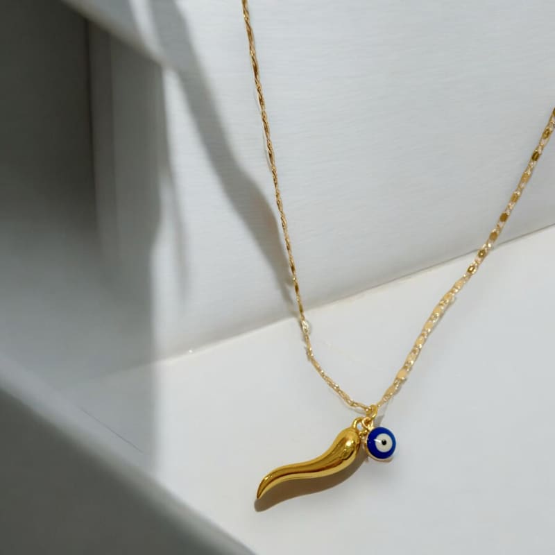 Dainty evil eye horn pendant necklace in 14k of gold layered necklace chains