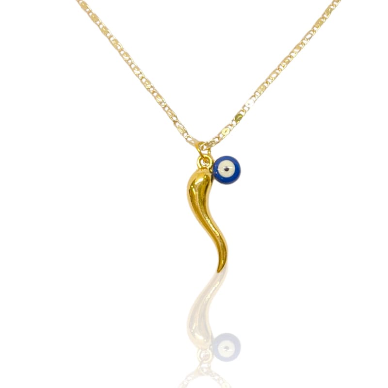 Dainty evil eye horn pendant necklace in 14k of gold layered chains