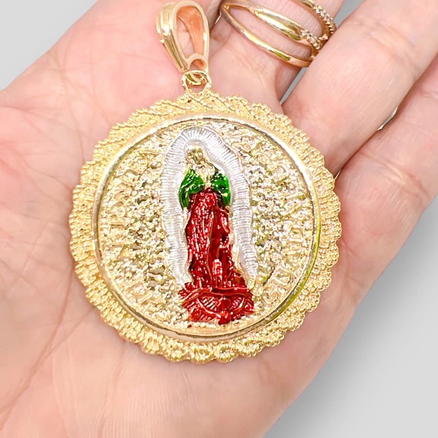 Double sided san judas guadalupe medallion pendant in 18k of gold layering charms & pendants