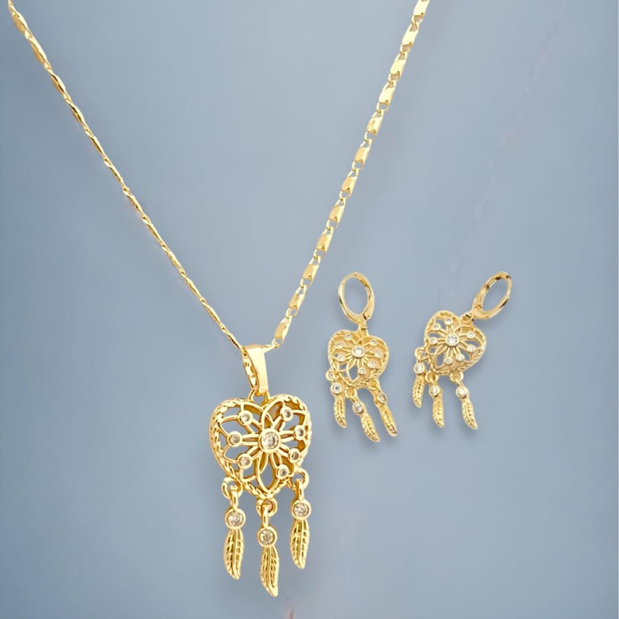 Dream catcher heart set earrings necklace in 18k gold filled chains