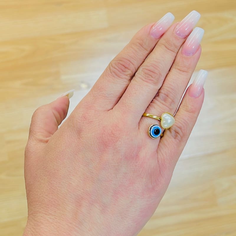 Evil eye pearly heart open size ring in 18k of gold plated rings