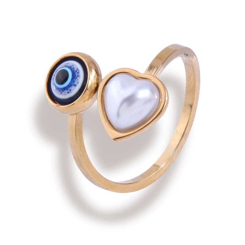 Evil eye pearly heart open size ring in 18k of gold plated rings