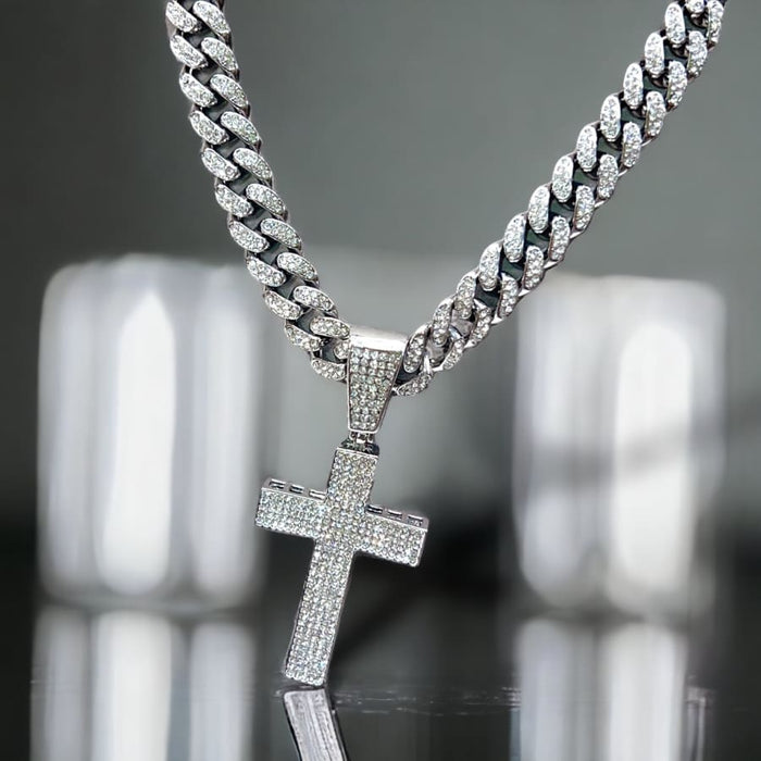 Ice rhinestones cuban link cross pendant chain necklace