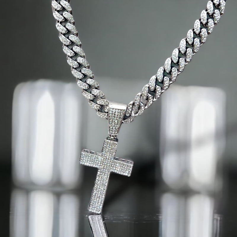 Ice rhinestones cuban link cross pendant chain necklace