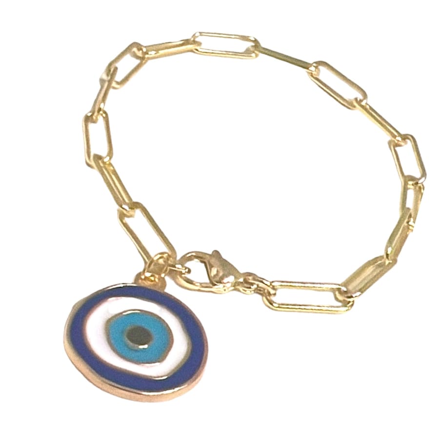 Paper clip evil eye charm bracelet in 18k of gold layered bracelet