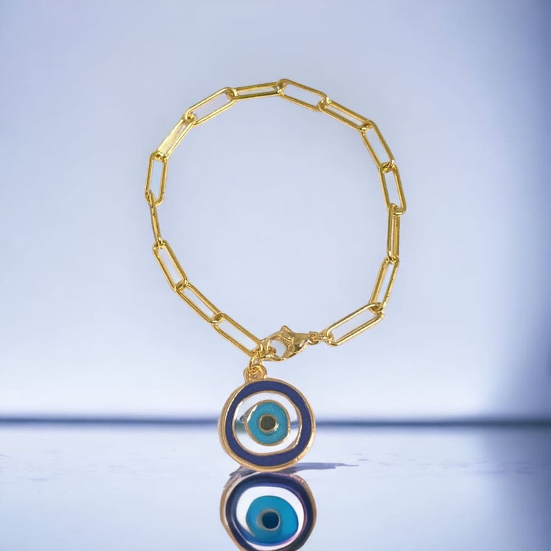 Paper clip evil eye charm bracelet in 18k of gold layered bracelet