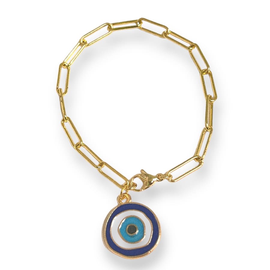 Paper clip evil eye charm bracelet in 18k of gold layered bracelet