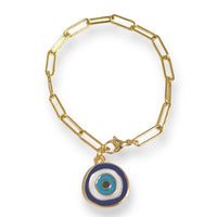 Paper clip evil eye charm bracelet in 18k of gold layered bracelet