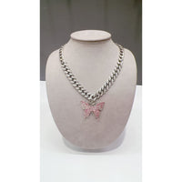 Pink butterfly rhinestones crystals silver plated choker necklace