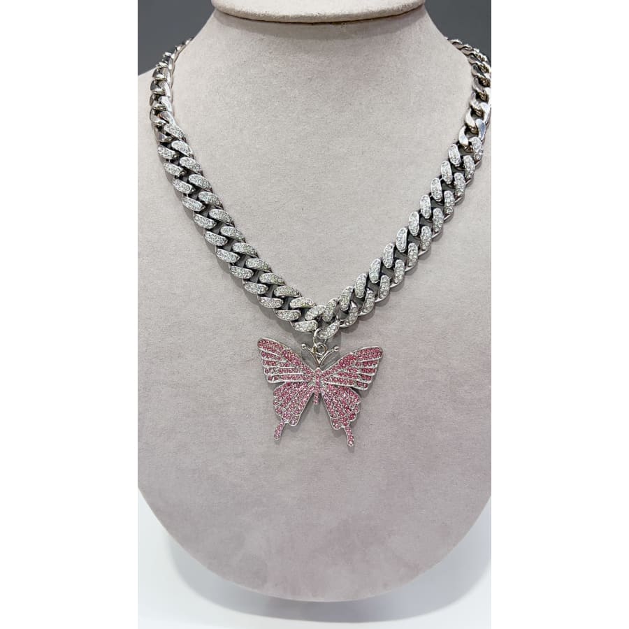 Pink butterfly rhinestones crystals silver plated choker necklace