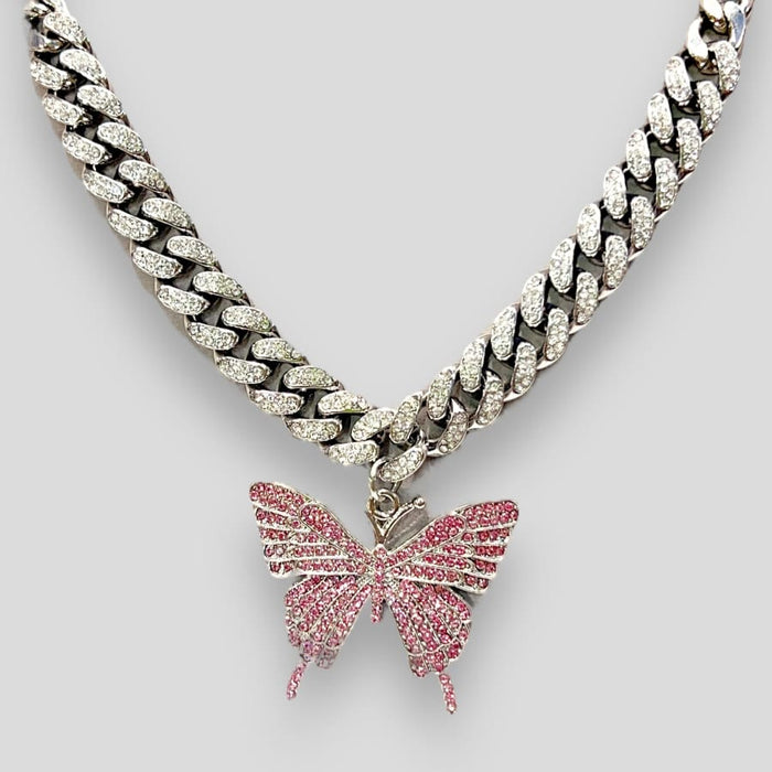 Pink butterfly rhinestones crystals silver plated choker necklace