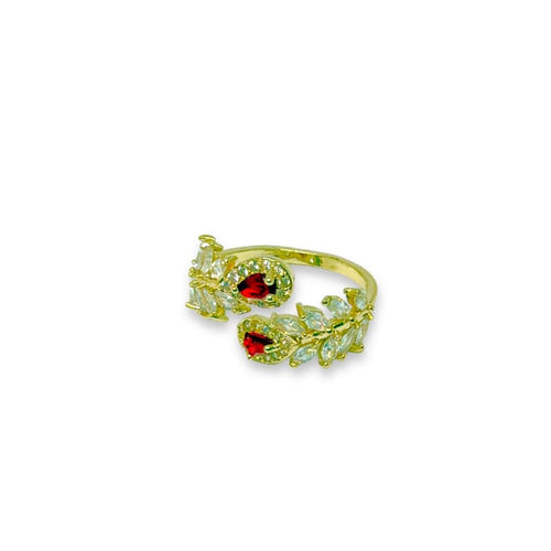 Rubi color stones with cz clear leaf open size gold plated ring rings