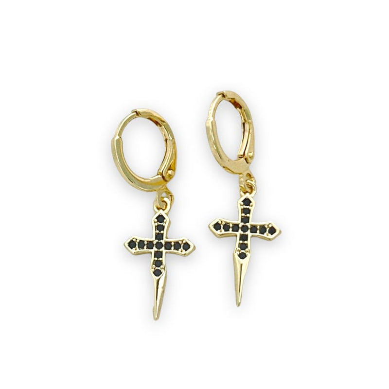 Black cz cross huggies earrings in 18k of gold plated earrings