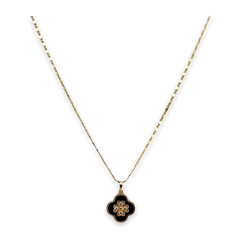 Black enamel clover petals and crystals white pendant necklace in 18k gold filled chains