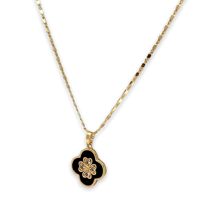 Black enamel clover petals and crystals white pendant necklace in 18k gold filled chains