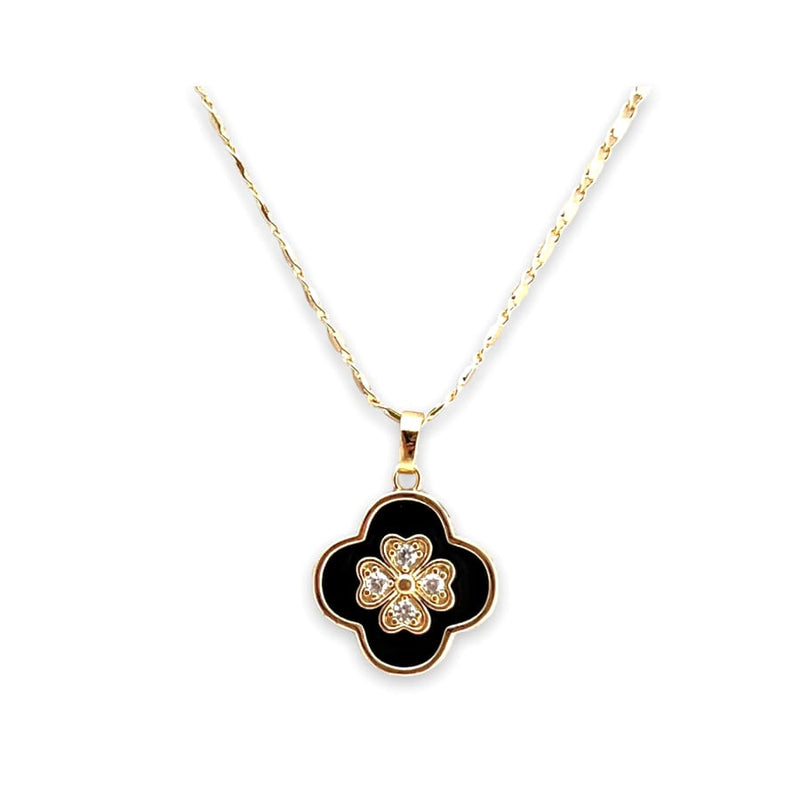 Black enamel clover petals and crystals white pendant necklace in 18k gold filled chains