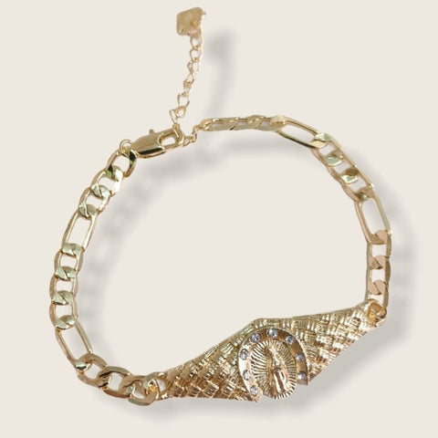 Gold Tone Chunk Chain Good Luck Charm Bracelet Horseshoe 4 Leaf