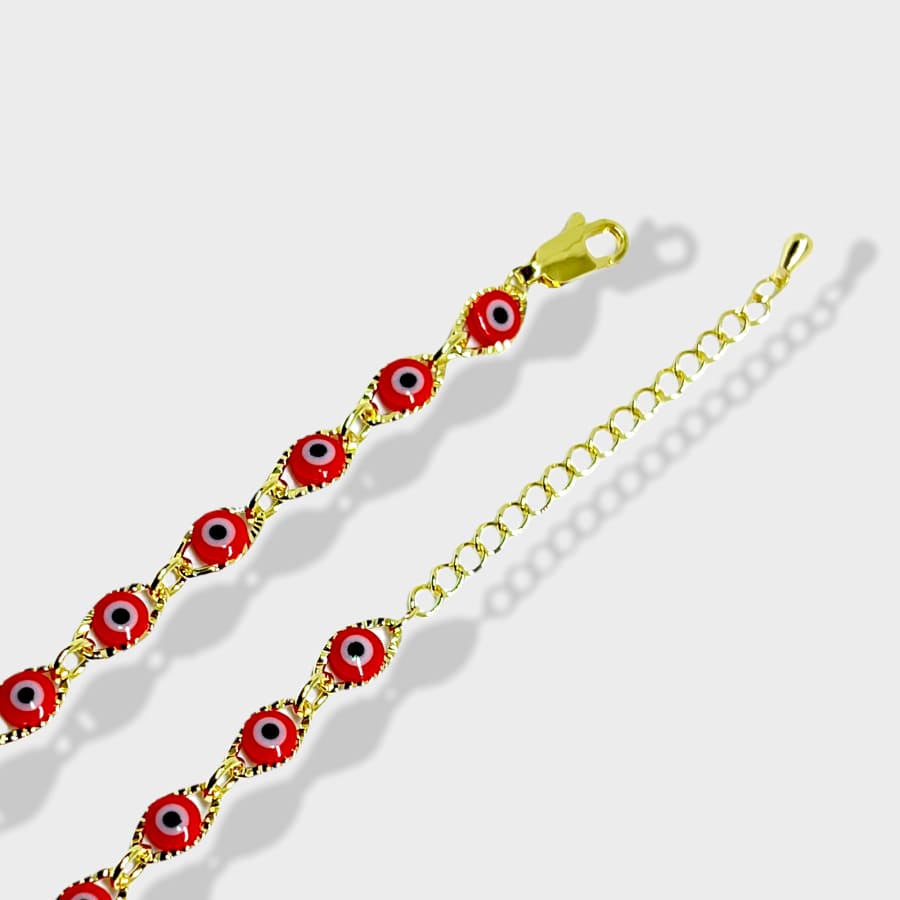 Diamond cut oval shape evil eye 18kts of gold plated bracelet / anklet red evil eye link bracelets