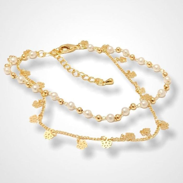 Double chains butterflies and pearls charm anklet 18k of gold plated anklet