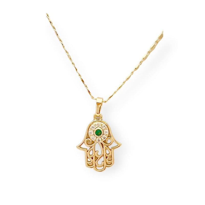 Fatima’s hand green cz stones necklace chain in 18k of gold plated chain