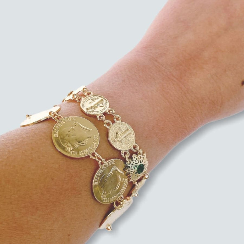 Faux 22mm coin bracelet in 14kts of gold plated 7.5 bracelets