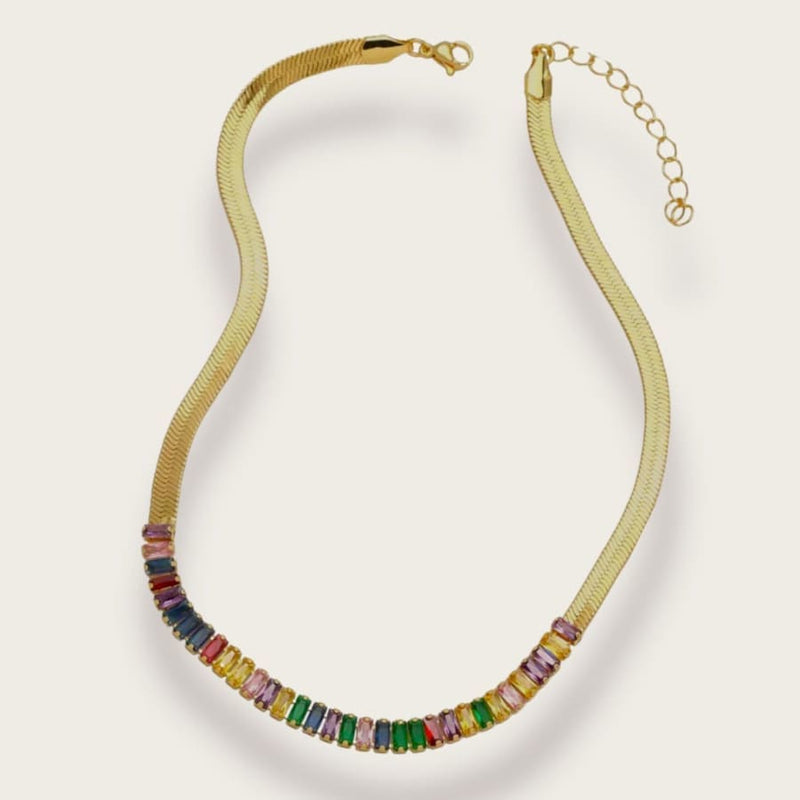 Half baguette stones half herringbone choker chain necklace in 18kts gold plated multicolor chains