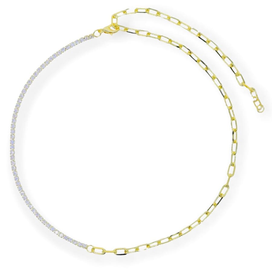 Half tennis stones half paperclip choker chain necklace in 18kts gold plated chains