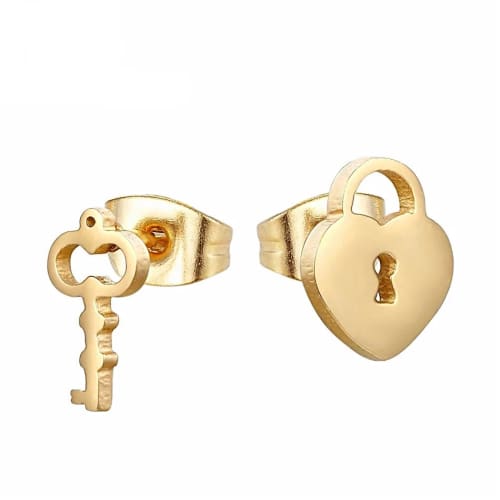 Heart lock and antique key gold stainless steel studs earrings earrings