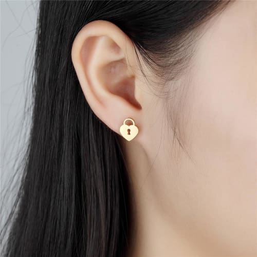 Heart lock and antique key gold stainless steel studs earrings earrings