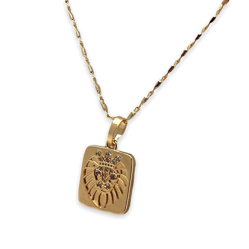 Lion with clear stones rectangular pendant necklace in 18k of gold plated chains