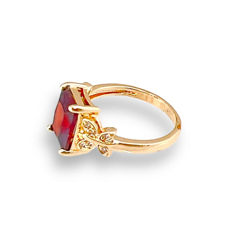 Red rectangular stone with butterflies sides ring in 18k of gold plated rings