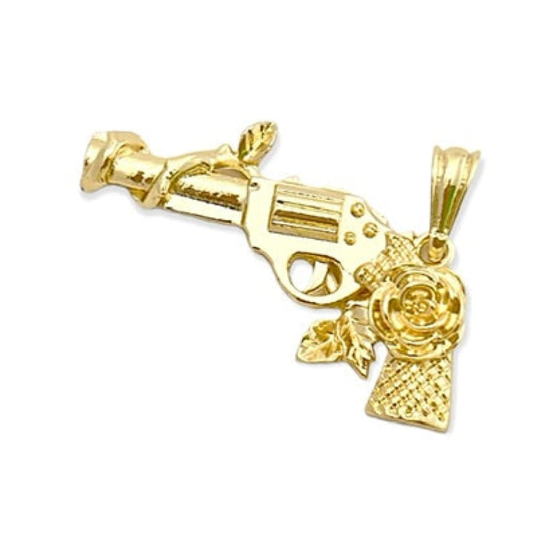 Revolver pistol with roses on grip handle in 14k of gold layering charms & pendants