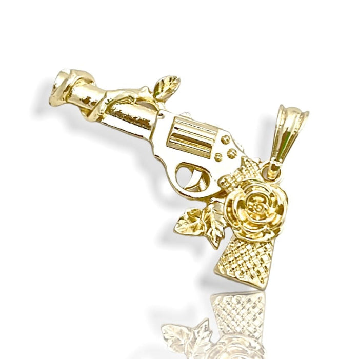 Revolver pistol with roses on grip handle in 14k of gold layering charms & pendants