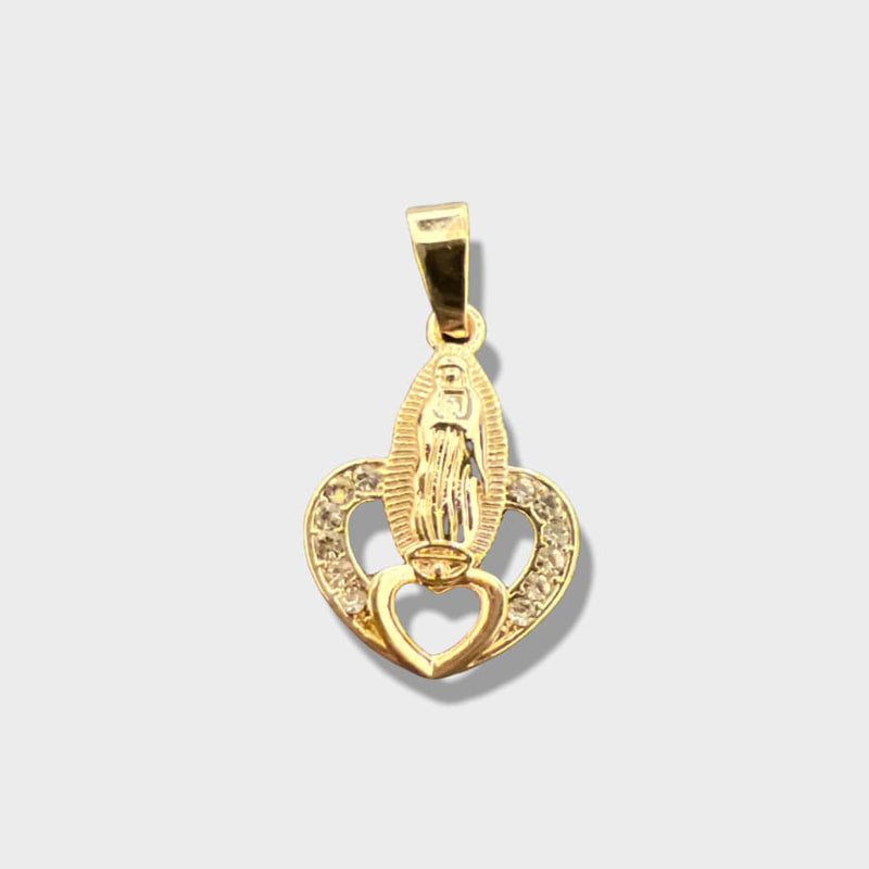 Virgin guadalupe on top of heart pendant in 18k gold layering charms & pendants