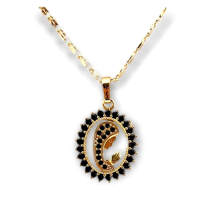 Virgin with black stones pendant necklace in 18k of gold plated chains