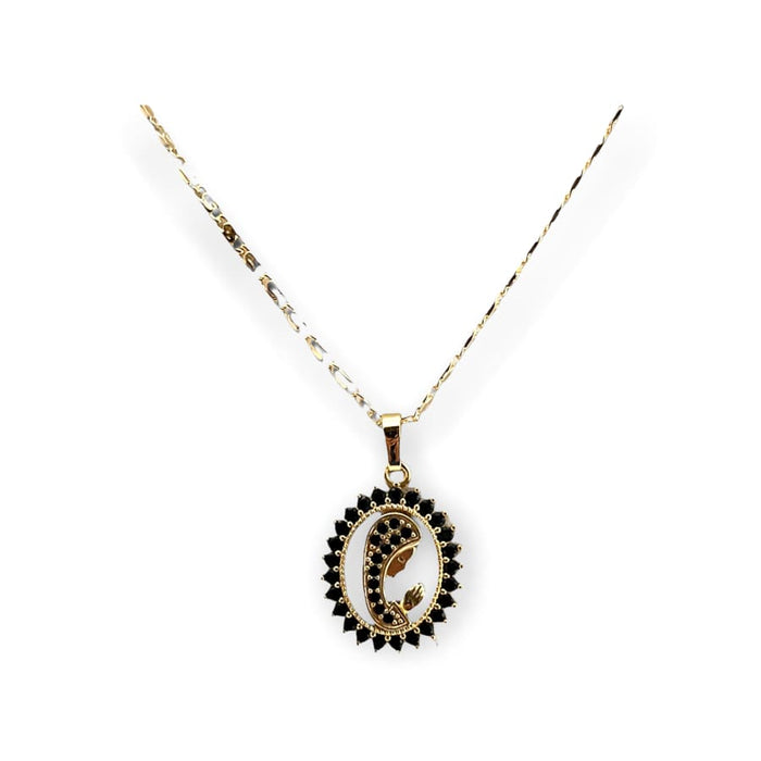 Virgin with black stones pendant necklace in 18k of gold plated chains